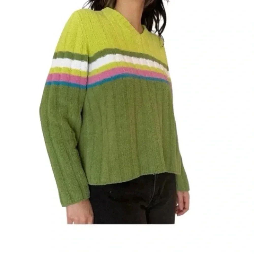 Vintage Faded Glory Stri[ed Green Pink White Sweater‎ Women's Size Small (4/6)